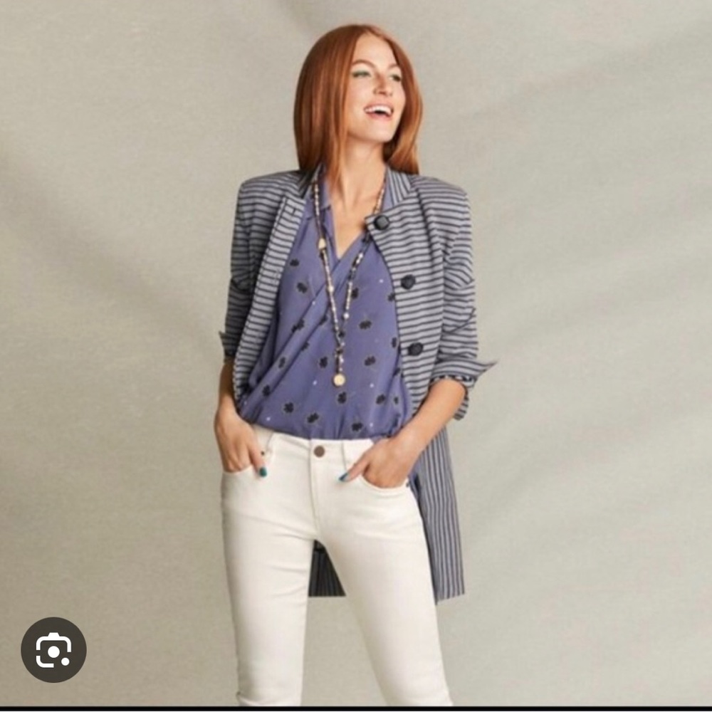 CAbi Dusty Blue Black Floral Crossover Blouse 5534 Size Small